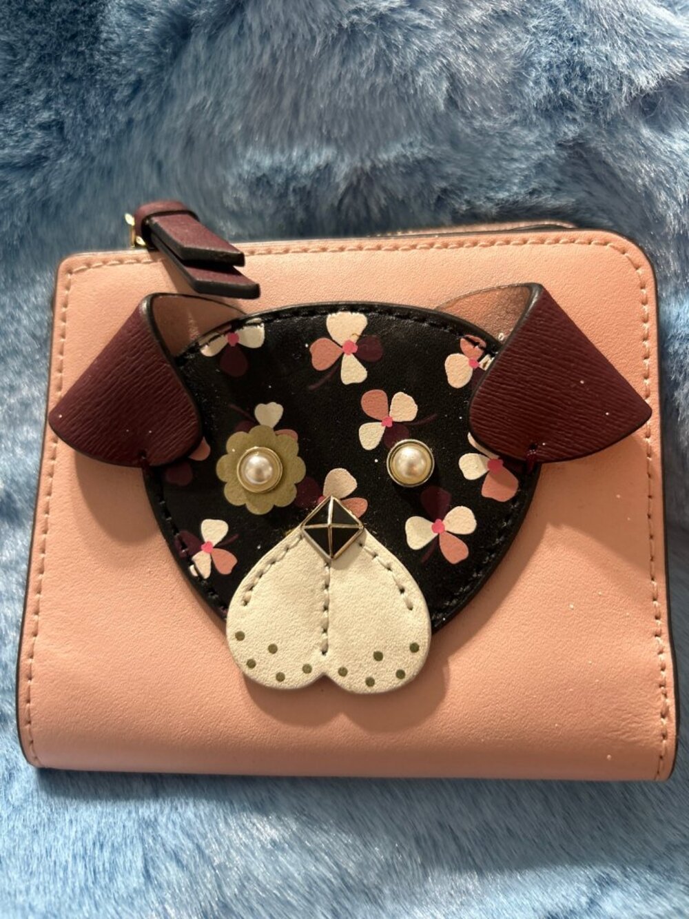 Kate Spade New York Pink Leather Cherrywood L-Zip Bifold Floral Pup Wallet
